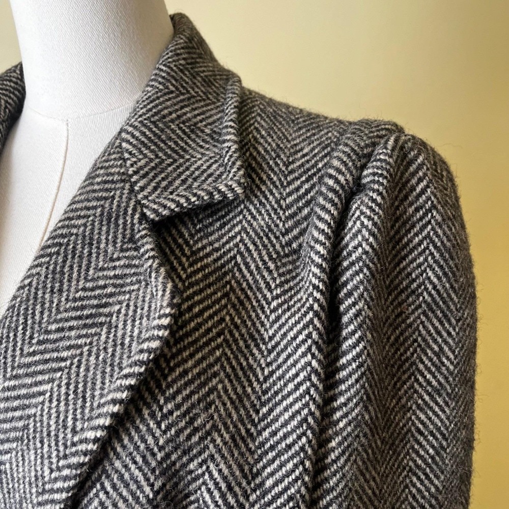 Herringbone Wool Coat Womens‎ 13/14 Gray Black Double Breasted Vintage - Picture 5 of 8